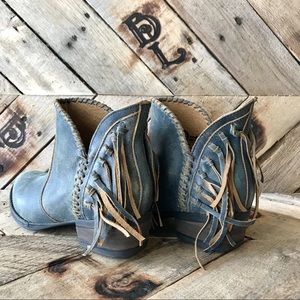 Denim-Colored Genuine Leather Fringed Booties